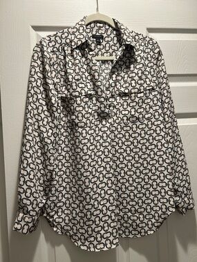 Ann Taylor Ivory and green Geometric Print Blouse